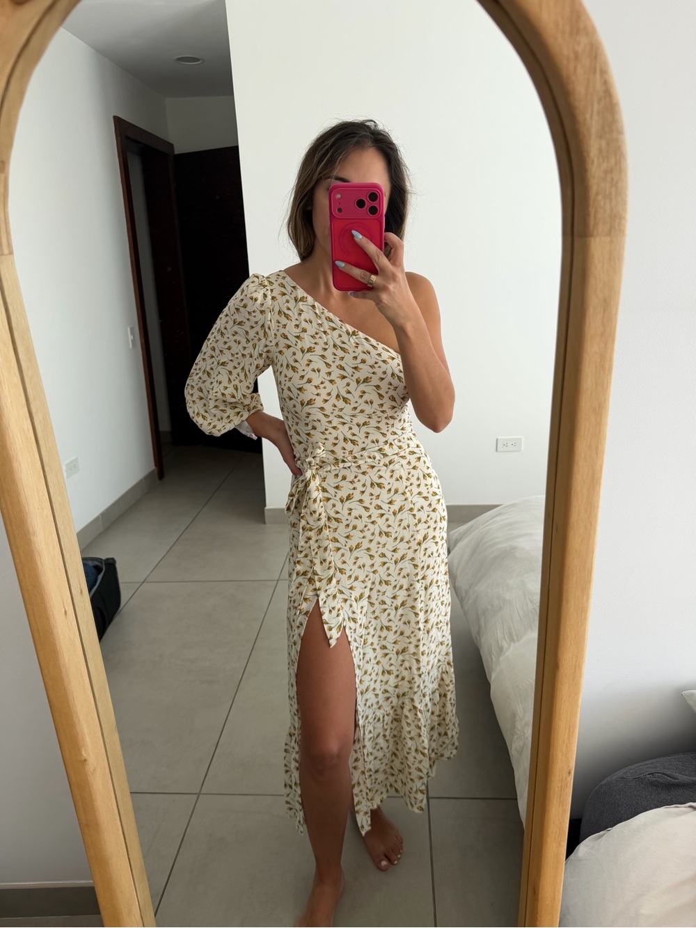 Reformation Cream One-Shoulder Midi Dress with Yellow Leaf Print